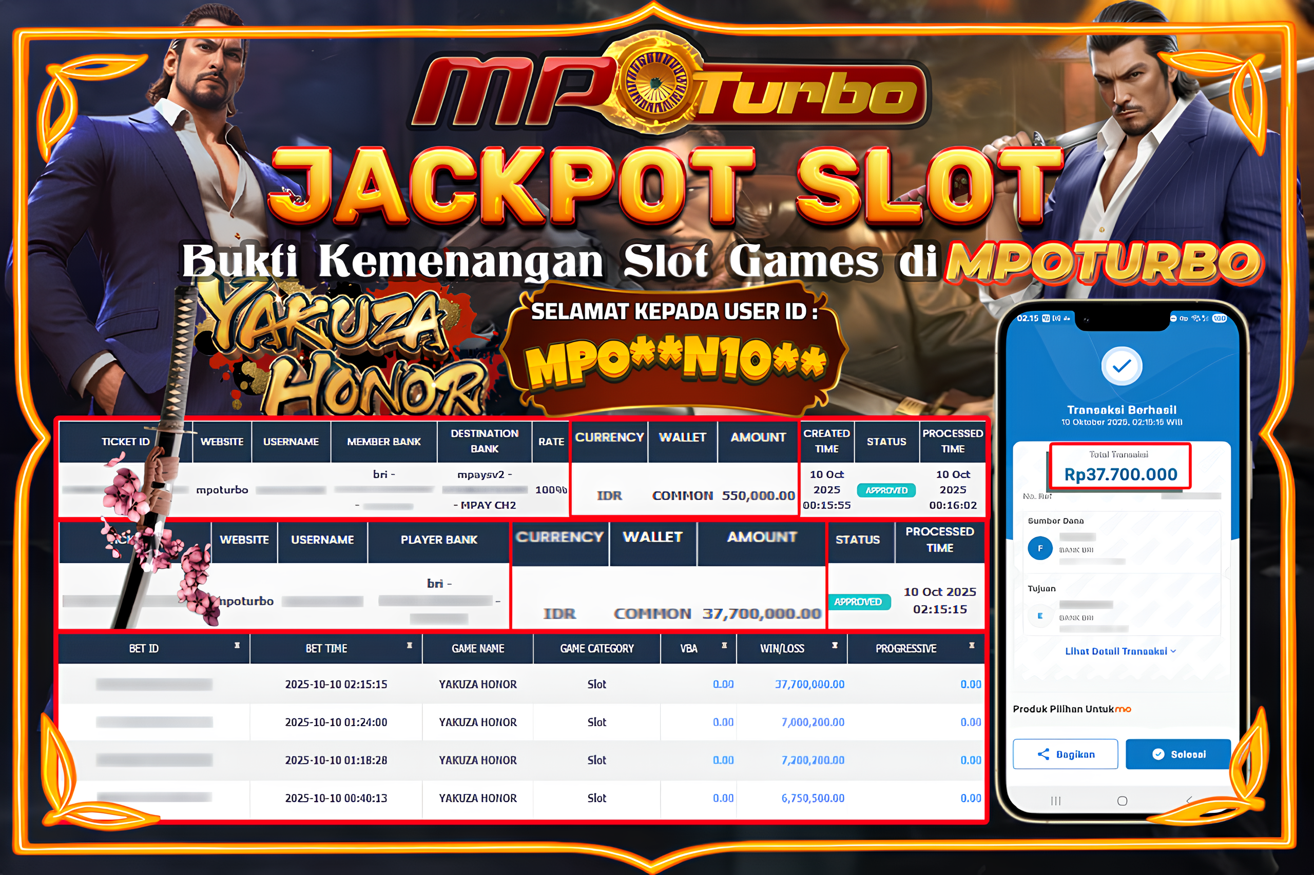 MPOTURBO JACKPOT SLOT YAKUZA HONOR - PG SOFT Rp 37,700,000.00,- LUNAS